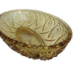Vtg First National Glass Candy Relish Serving Dish Amber Hearts Fleur De Lis MCM